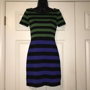 Green, black and blue stripped dress